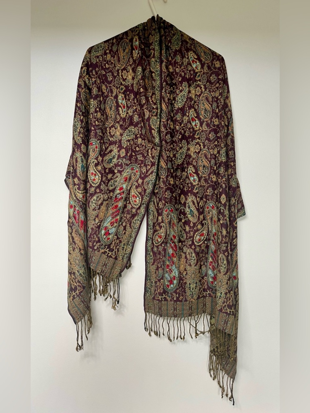 Vintage Boho Paisley Fringe Shawl in Plum and Teal